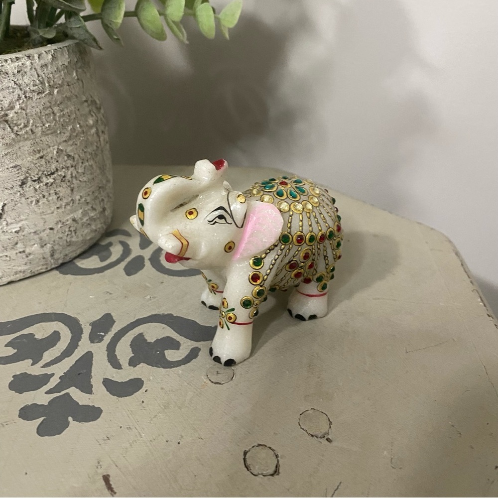Handmade Painted 6" White Marble Floral Elephant Figurine Home Decor